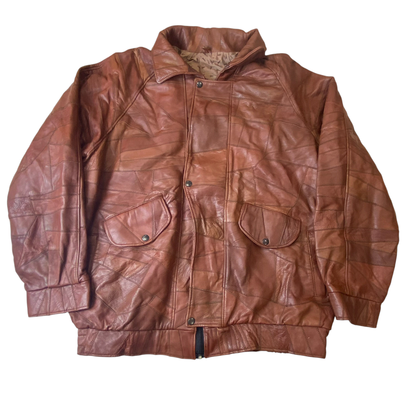 Mens Faux Leather Large Brown Oversized Lined Collared Snap Front Inside Zip