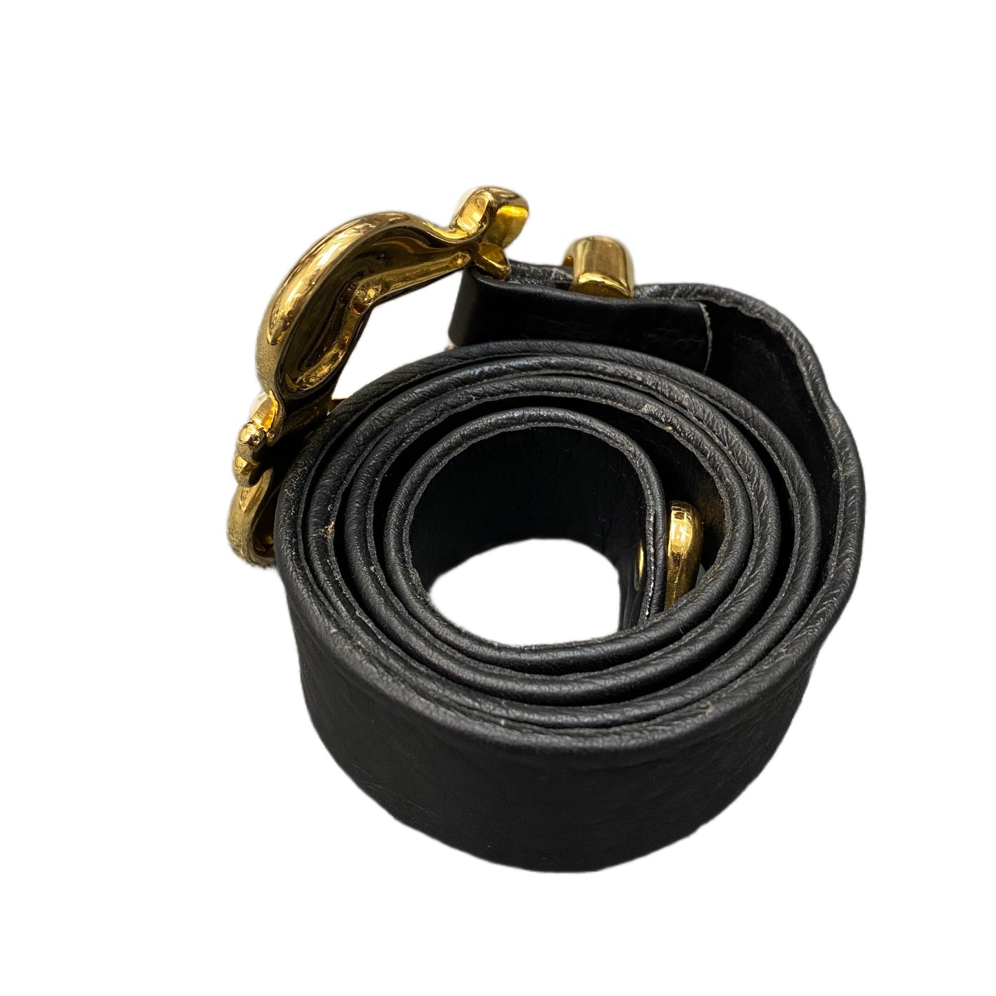 Waist Belt Black Womens Leather White Pearl Stone Gold Tone Buckle 31 Inches