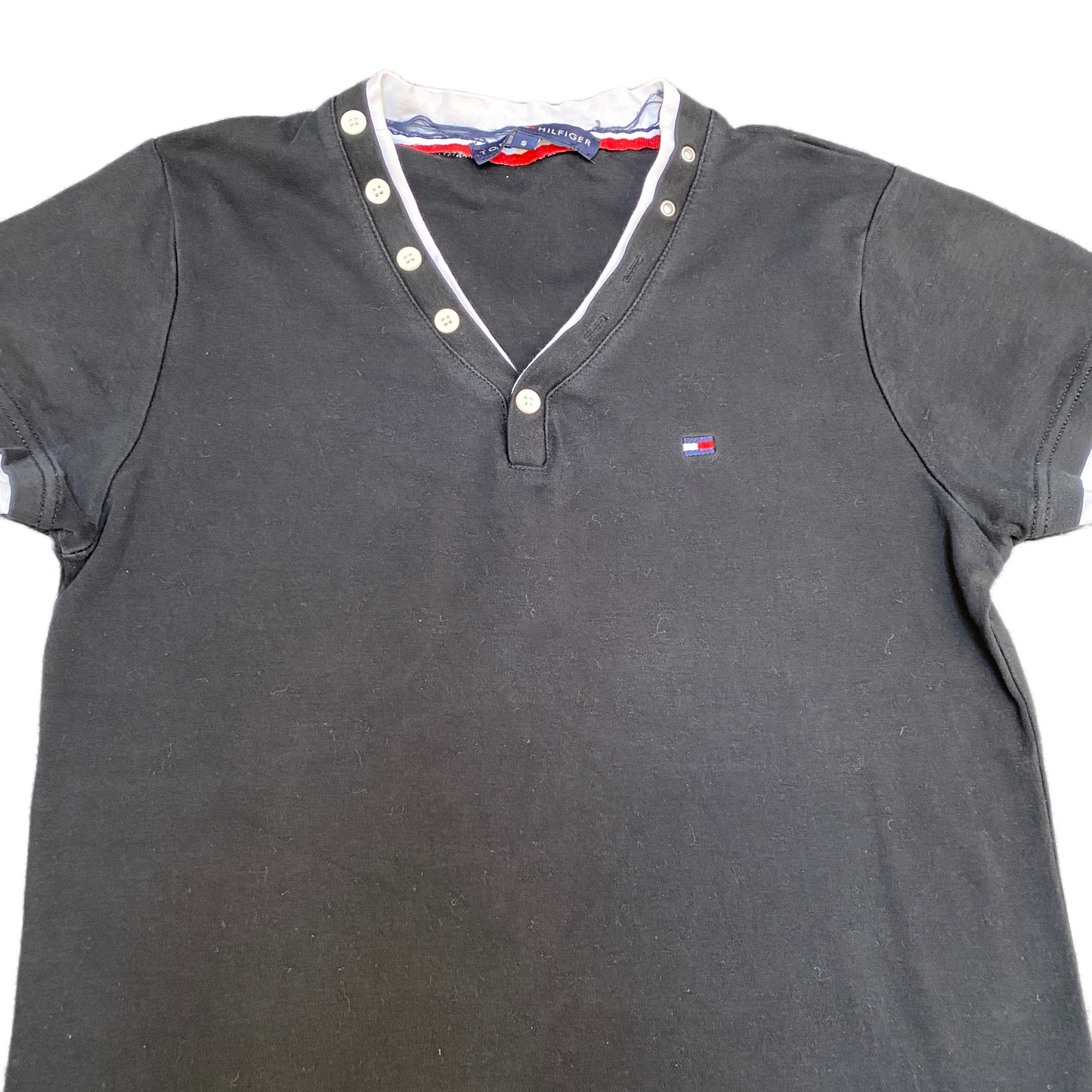 Tommy Hilfiger T-Shirt Womens S Black Stretch Embroidered Logo V Neck Button Tee