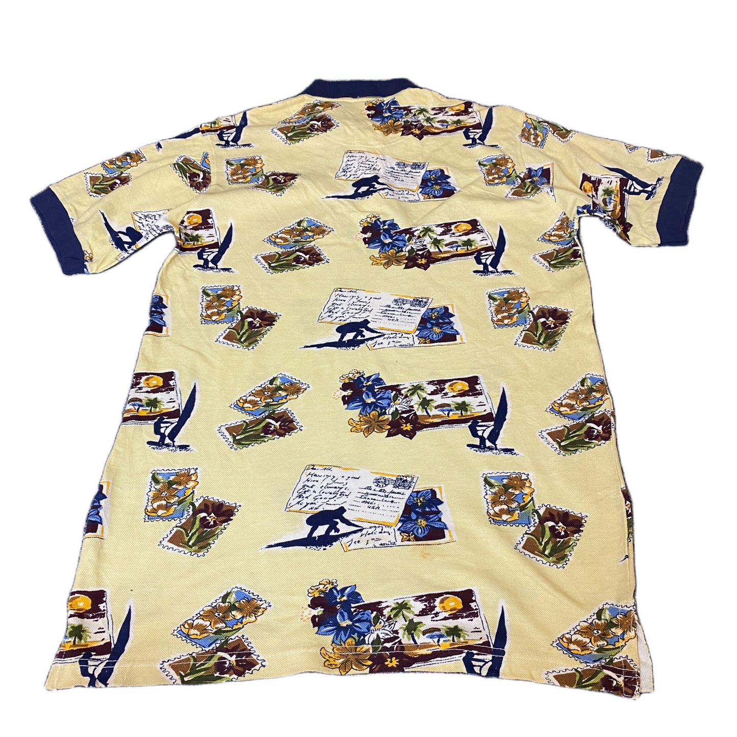 Vintage John Blair Polo Shirt Mens Medium Yellow All-Over Postcard Print Popover
