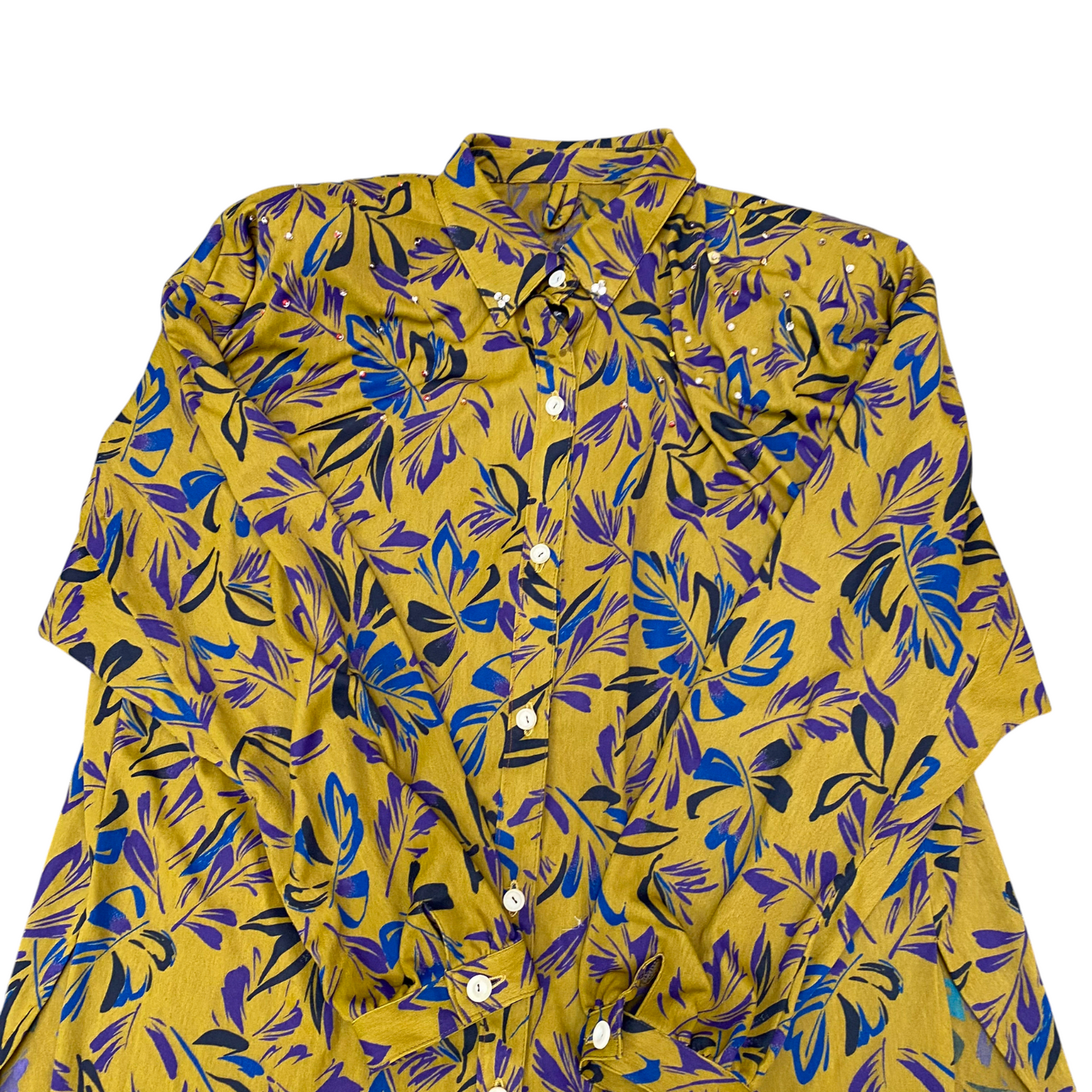 Womens Shirt Top L Yellow Floral Beaded Slit Round Hem Long Sleeve Button Down