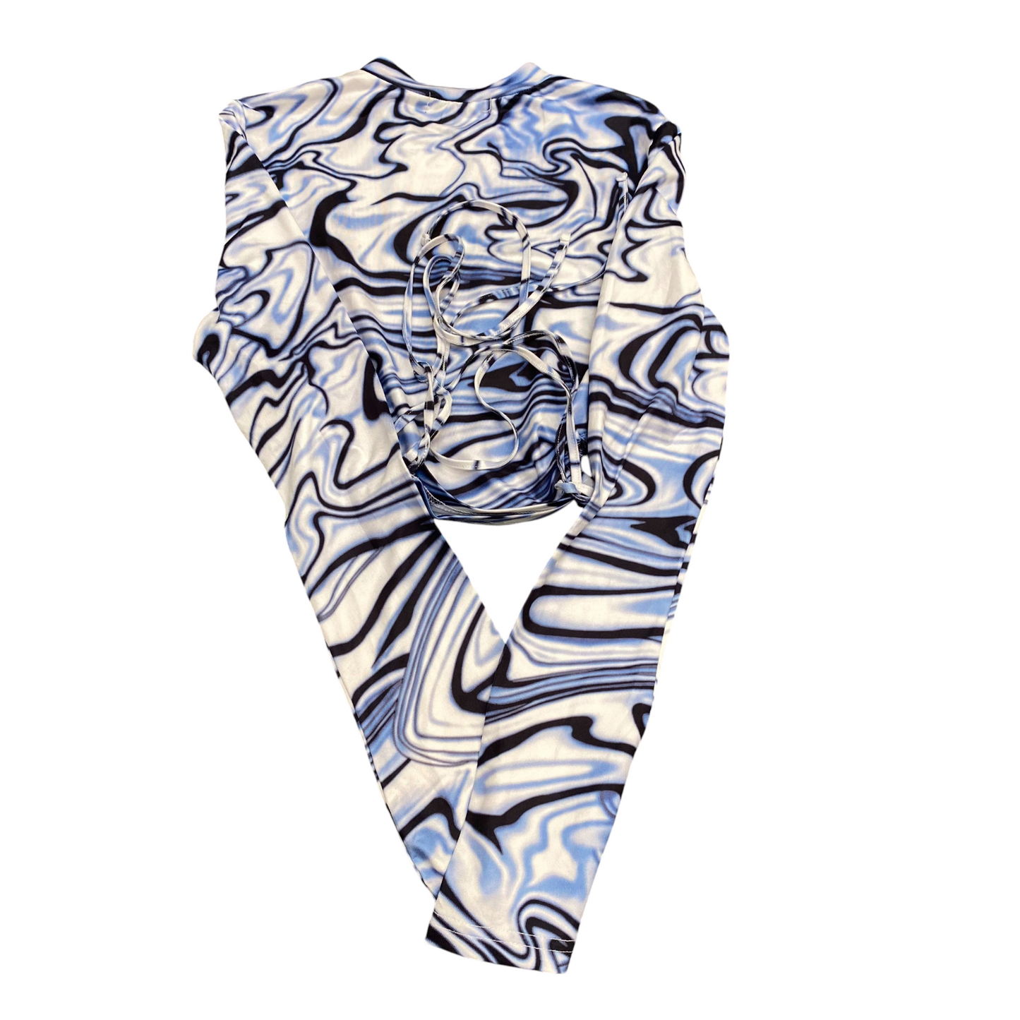 Shein Cropped Top Womens XS Blue Marble Print Long Sleeve Tie Side Retro Outdoor