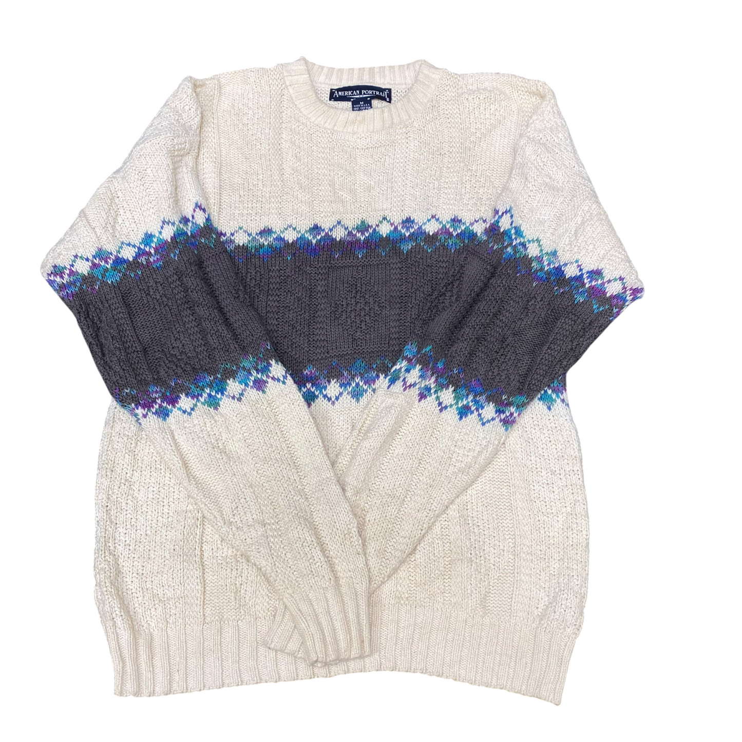 American Portrait Jumper Womens Medium White Grey Knit Crew Neck Long Sleeve