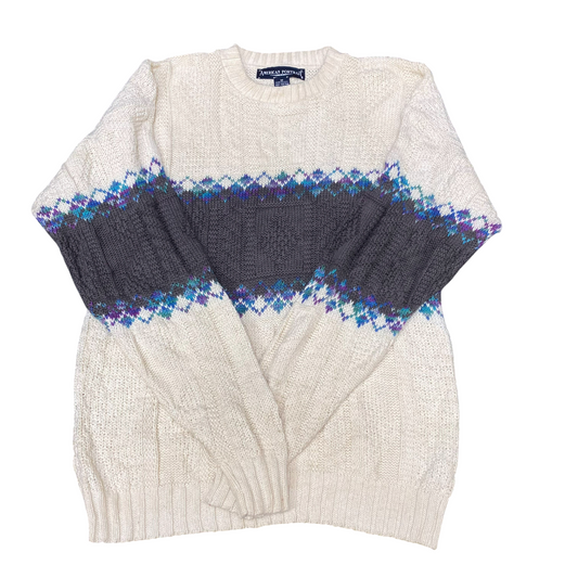 American Portrait Jumper Womens Medium White Grey Knit Crew Neck Long Sleeve