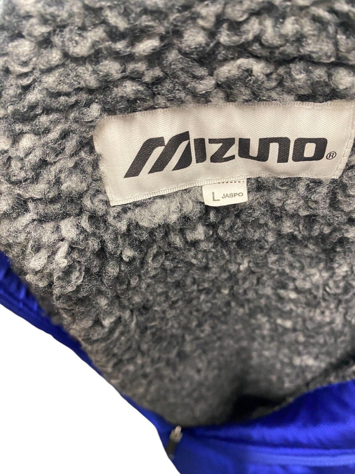 Mizuno Long Padded Boa Coat Men's Large Blue Fleece Lined Hooded Snap Full Zip