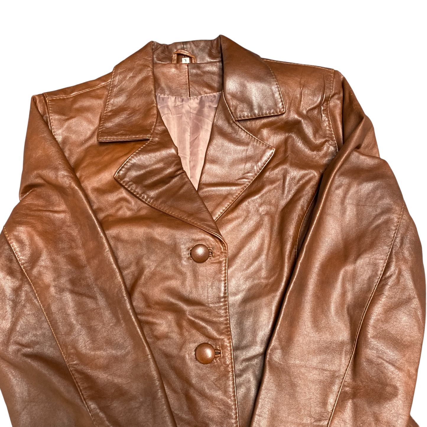 Womens Leather Blazer Jacket Large Brown Long Sleeve Notch Lapel Single Breasted