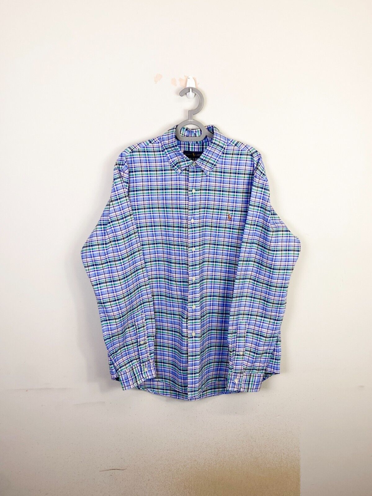 Ralph Lauren Shirt Mens Large Blue Plaid Long Sleeve Small Brown Polo Pony Logo