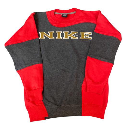 Nike Reworked Sweatshirt Mens S Red Grey Embroidered Spellout Logo Vintage Y2K
