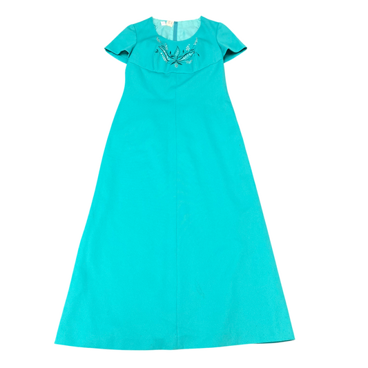 Diolen Long Maxi Dress Womens S Blue Embroidered Beaded Round Neck Back Zip