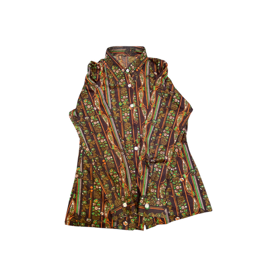 Womens Casual Shirt S Brown Paisley Floral Print Long Sleeve Collared Button Up