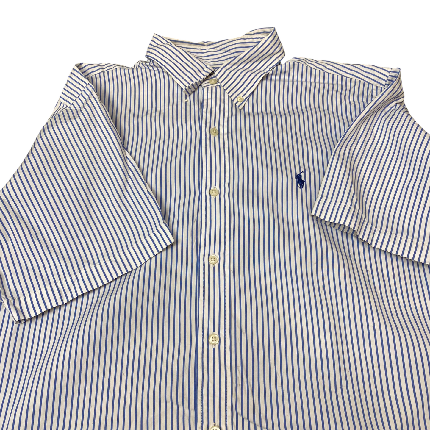 Ralph Lauren Shirt Mens L White Blue Striped Classic Fit Short Sleeve Button Up