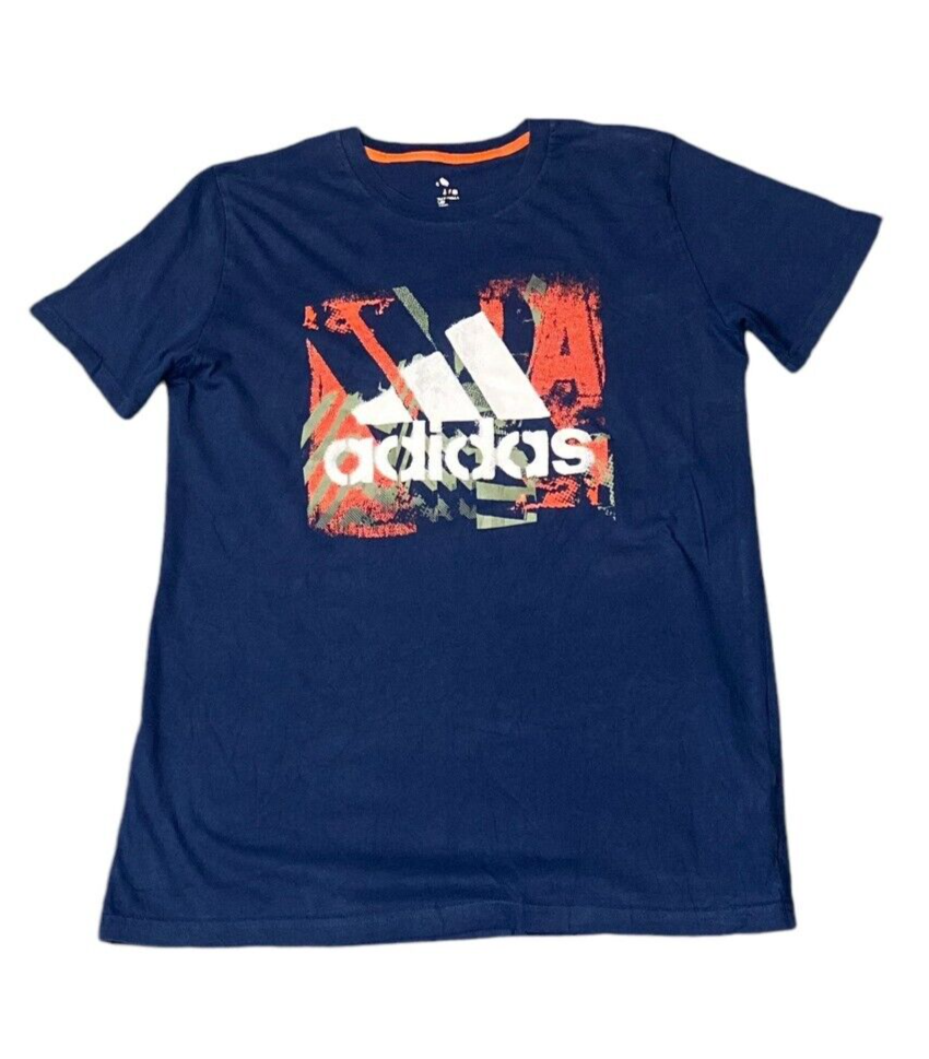 Adidas T-Shirt Boys Large (14-16) Blue Short Sleeve Logo Crew Neck Pullover Tee