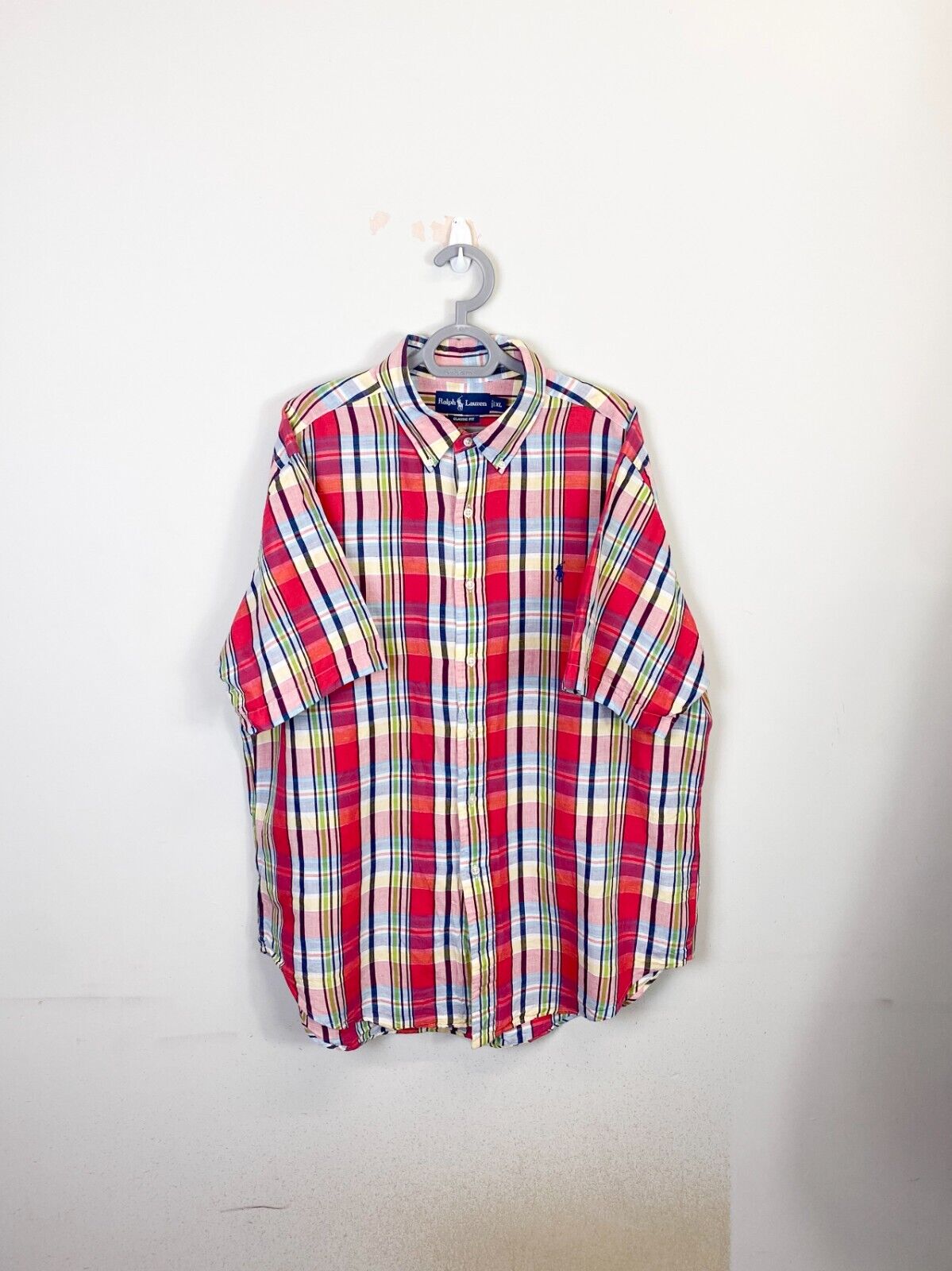 Ralph Lauren Shirt Men XL Red Plaid Classic Fit Shor Sleeve Small Blue Pony Logo