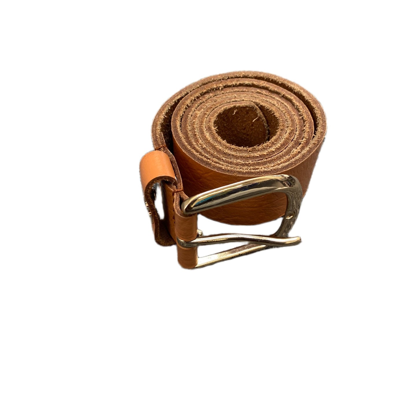 Waist Belt Men Brown Leather MW Logo Adjustable Gold Tone Pin Buckle 32.5 Inches