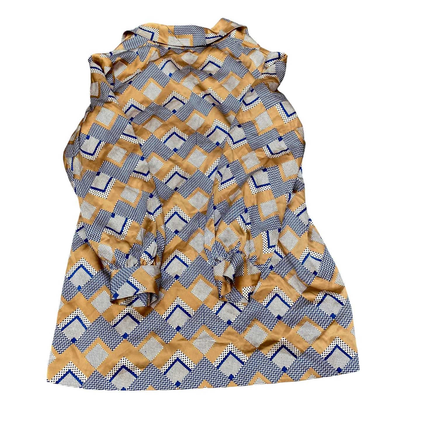 Blouse Top Womens M Brown Blue Geometric Long Sleeve Round Neck Button Front