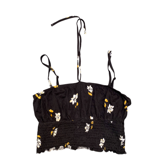 Billabong Cropped Top Womens M Black Floral Smocked Ruffled Hem Spaghetti Straps