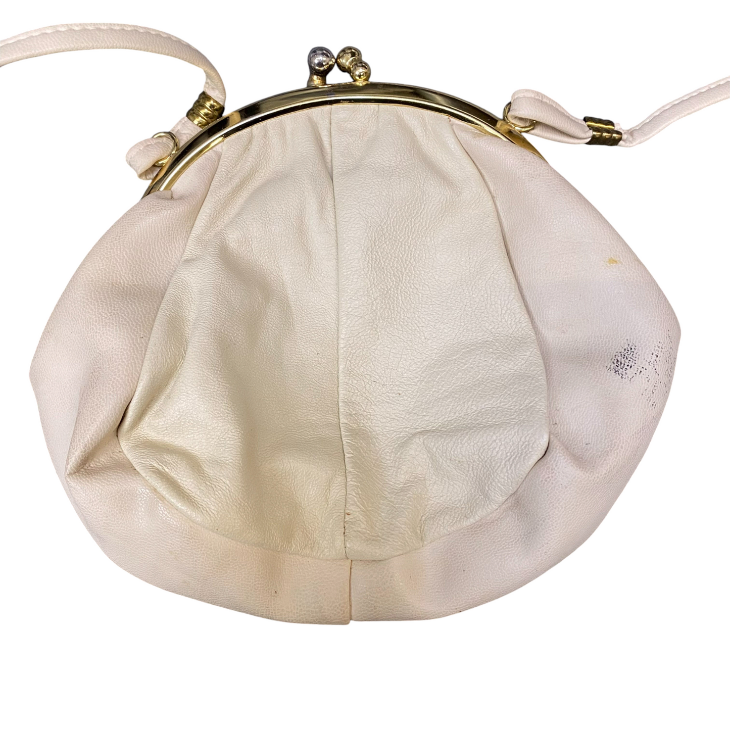Vintage Womens Crossbody Bag Beige Leather Classic Thin Strap Kisslock Closure