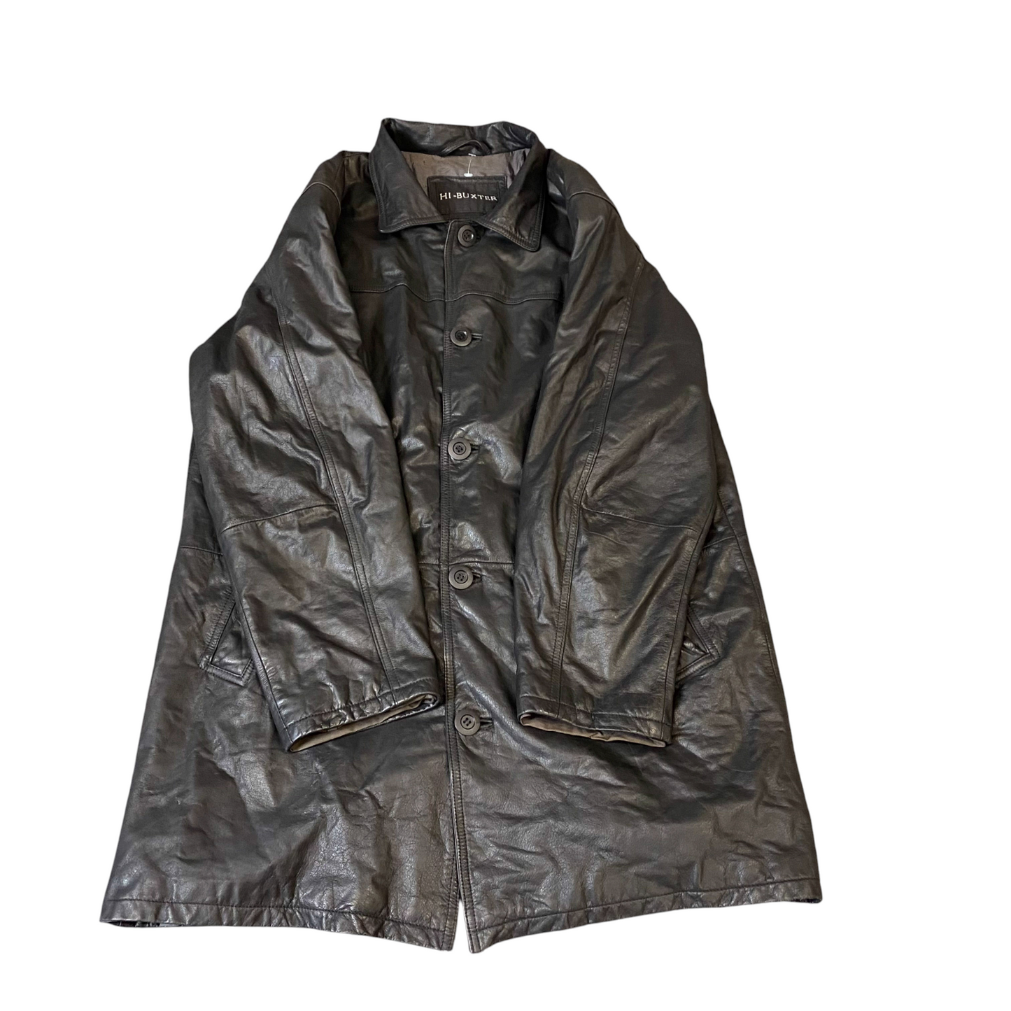 HI-BUXTER Faux Leather Jacket Mens Large Black Long Sleeve Collared Button Front