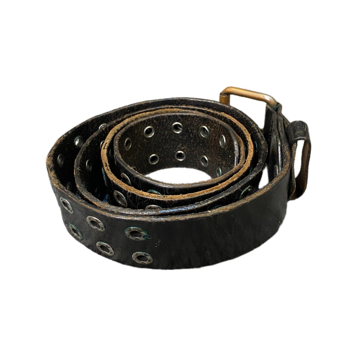 Waist Belt Men Black Leather Double Rows Eyelets Brass Buckle 42 Inches