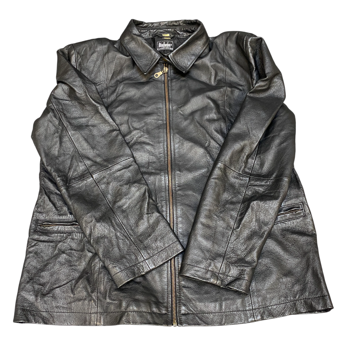 Woodpecker Genuine Leather Jacket Womens Large Black Lined Collared Full Zip