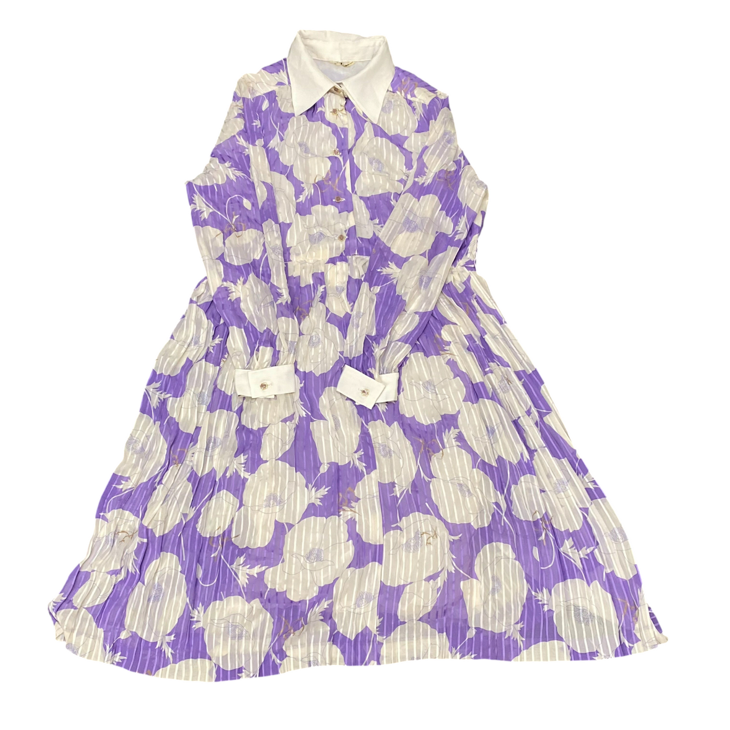 Women A Line Dress M White Purple Floral Print Long Sleeve Collared Button Front