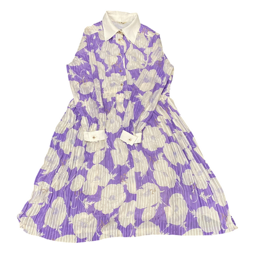 Women A Line Dress M White Purple Floral Print Long Sleeve Collared Button Front