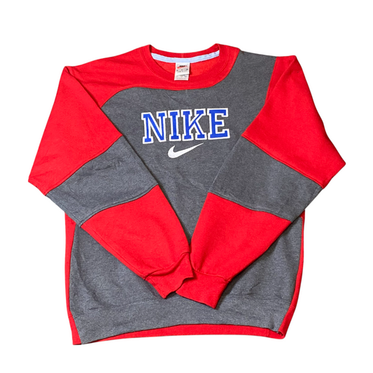 Nike Reworked Sweatshirt Mens Medium Red Grey Embroidered Spellout Logo Vtg Y2K