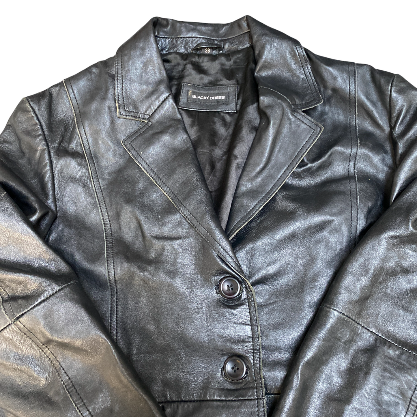 Blacky Dress Leather Blazer Jacket Womens M Black Notch Lapel Single Breasted