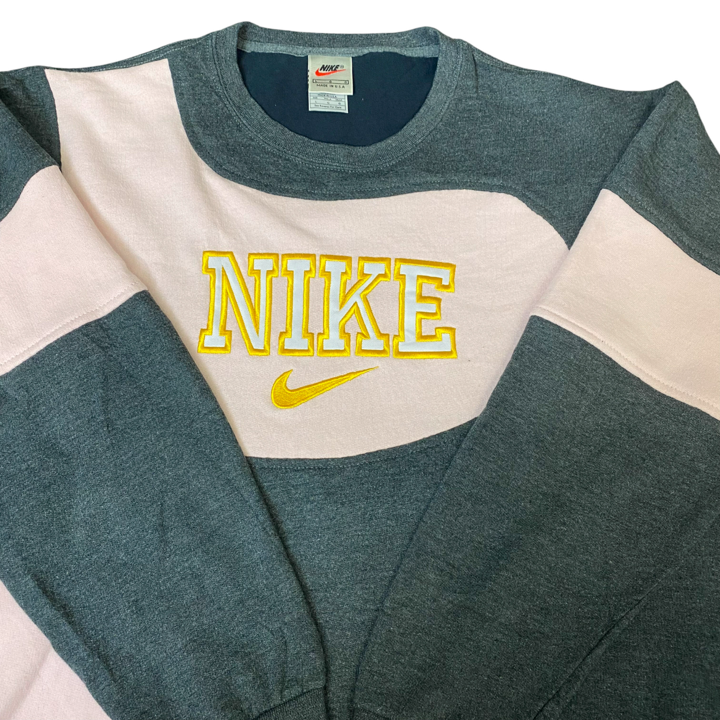 Nike Reworked Sweatshirt Mens L Grey Pink Embroidered Spellout Logo Vintage Y2K
