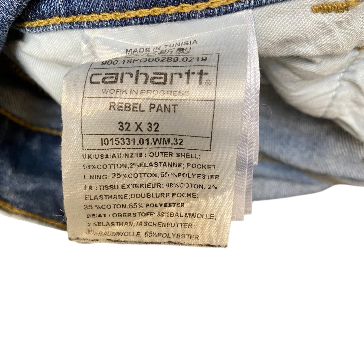 Carhartt Wip Rebel Jeans Mens 32 Blue Denim Stretch Frayed Hem Whiskered Skinny