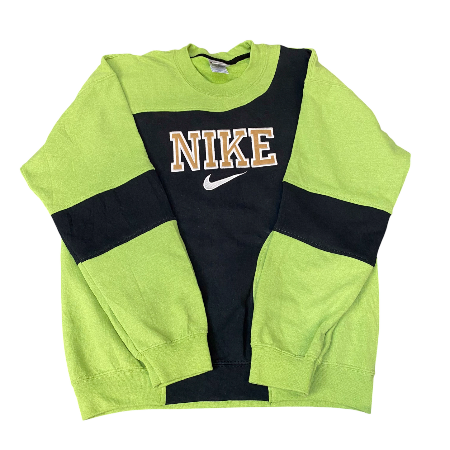 Nike Reworked Sweatshirt Mens M Green Black Embroidered Spellout Logo Vtg Y2K