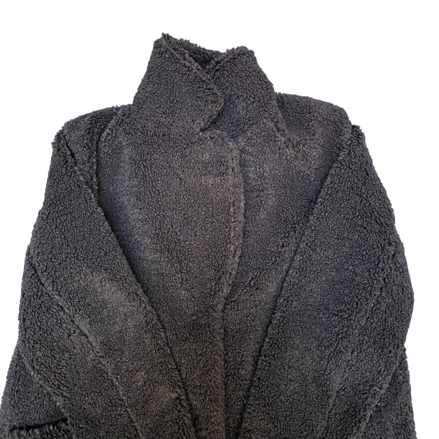 H&M Teddy Faux Fur Coat Womens Small Black Oversized Lined Collared Open Front