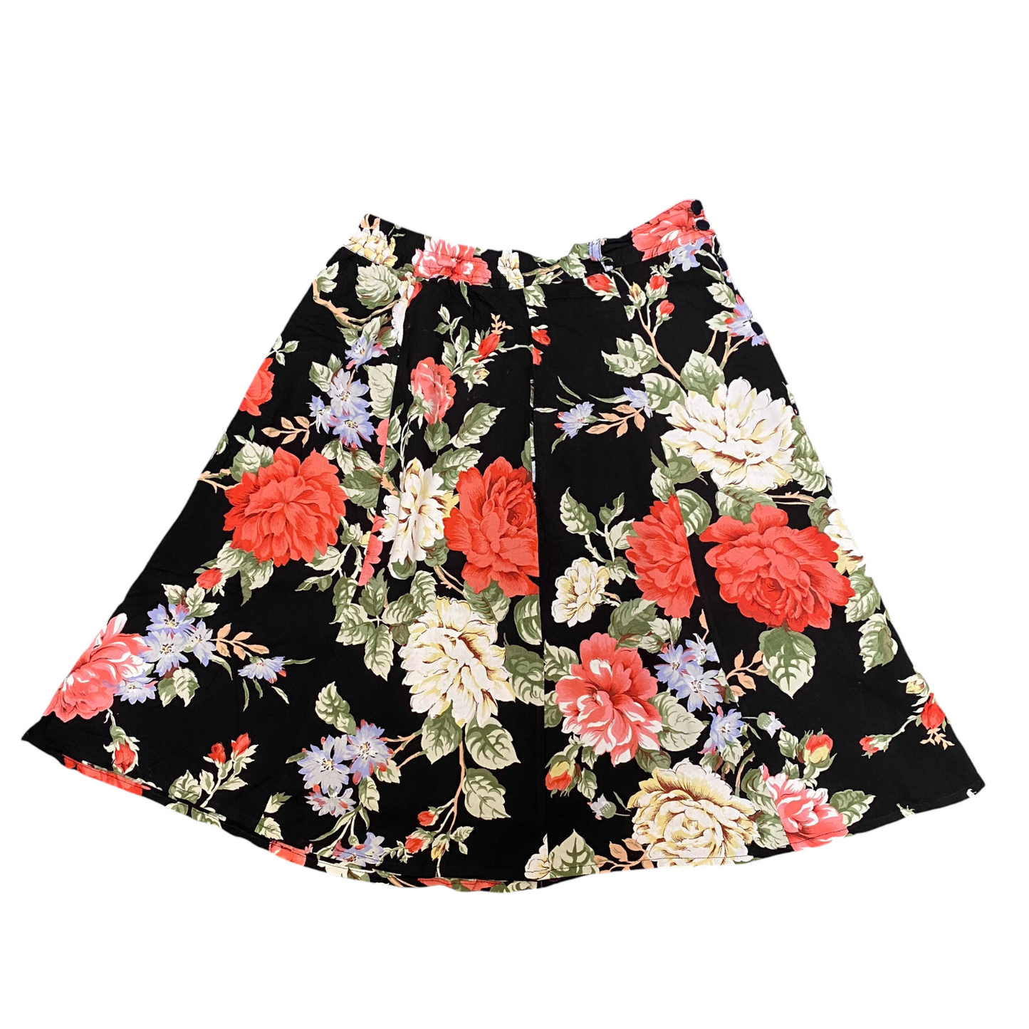 A-Line Skirt Womens M Black Floral Elastic Waist Casual Side Button Outdoor