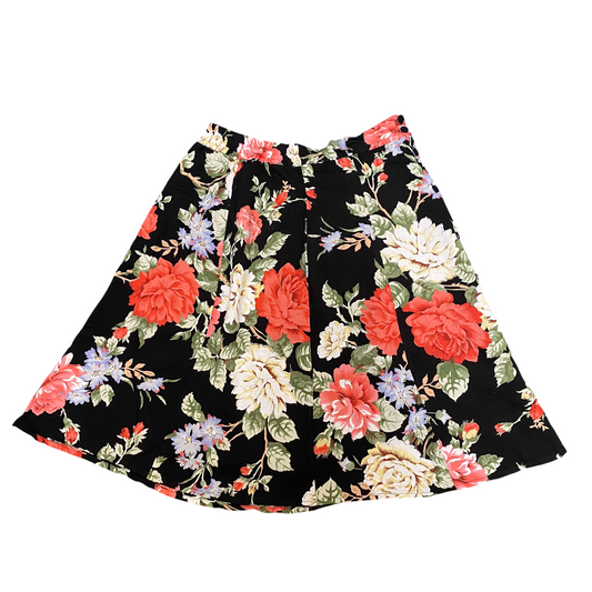 A-Line Skirt Womens M Black Floral Elastic Waist Casual Side Button Outdoor