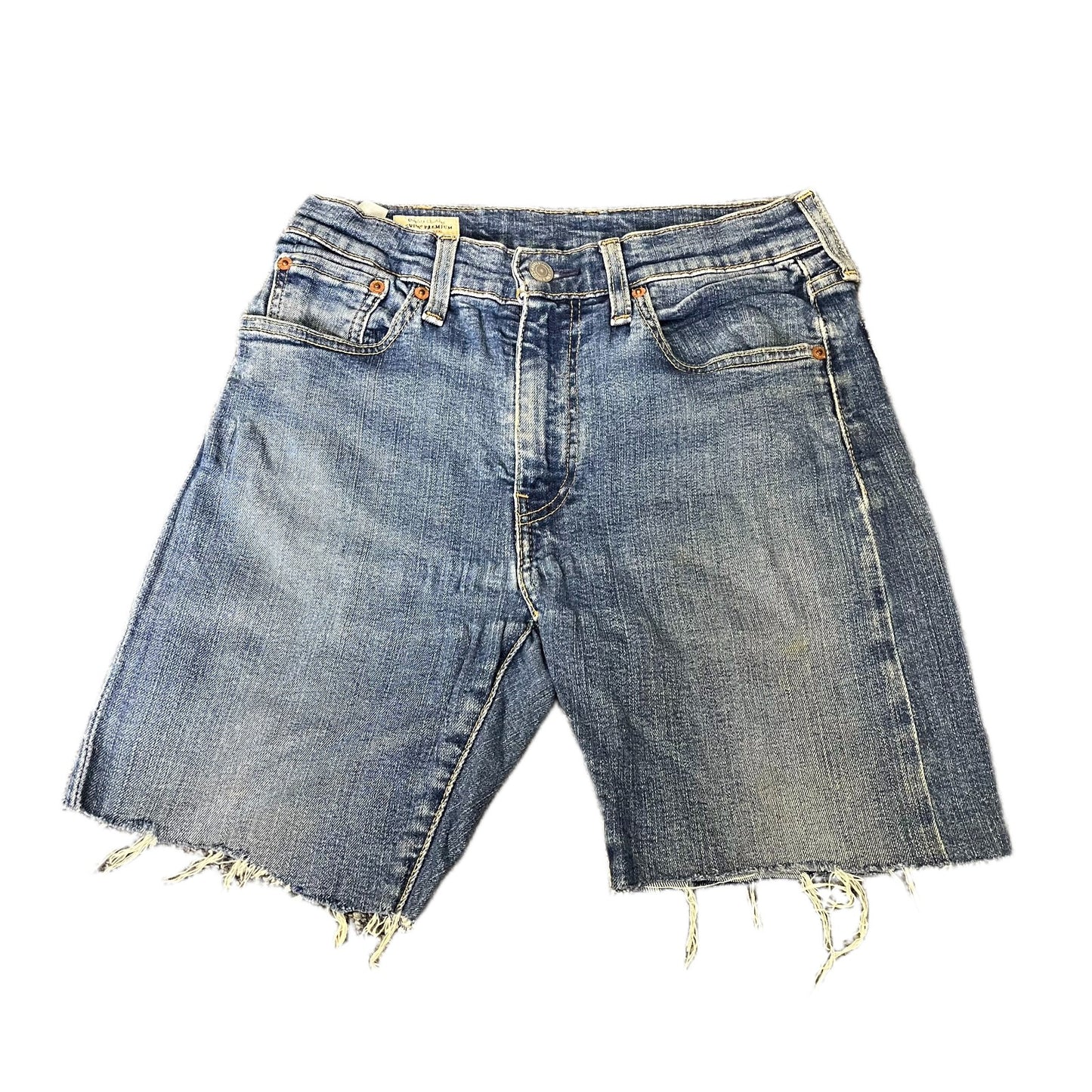 Levi's 519 Jean Shorts Fits as Womens S 28" Waist Blue Denim Red Tab Raw Hem
