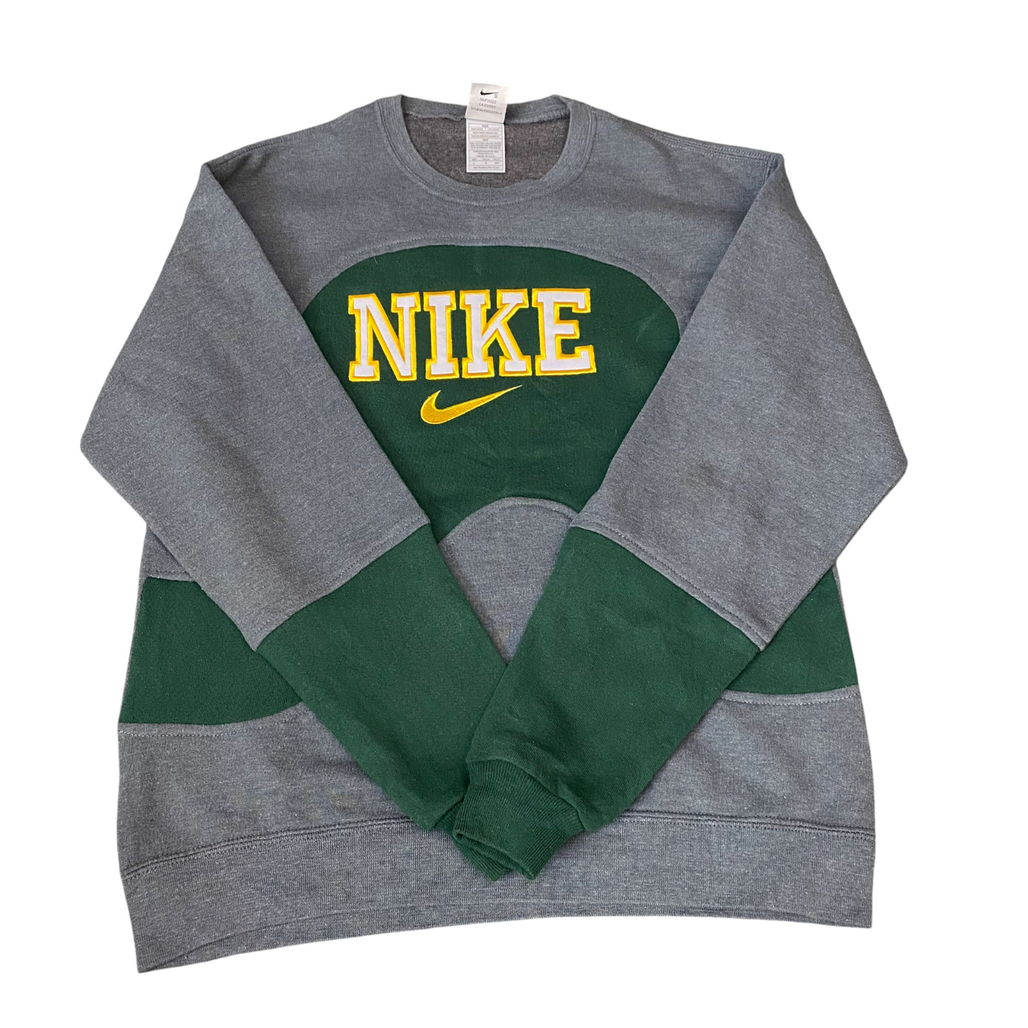 Nike Reworked Sweatshirt Mens S Green Grey Embroidered Spellout Logo Vintage Y2K