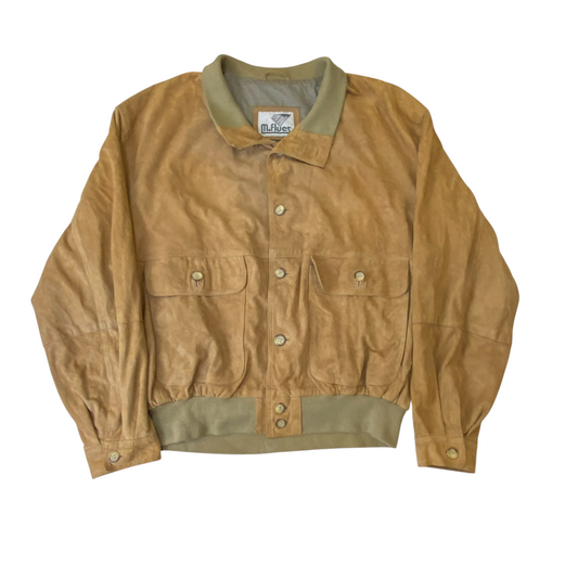 M.Flues Jacket Mens Large Brown Suede Leather Pockets Long Sleeve Button Front