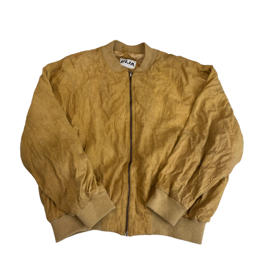 Bomber Jacket Mens L Brown Real Suede Leather Pockets Long Sleeve Full Zip