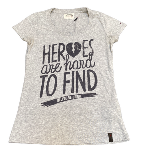 Tommy Hilfiger Shirt Womens Small Grey Heroes Are Hard to Find Graphic Print Tee