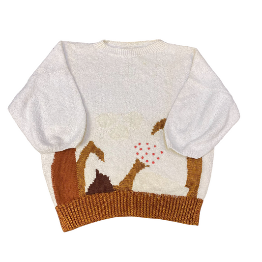 Jumper Womens Large White Brown Knitted Casual 3/4 Sleeve Crew Neck Pullover