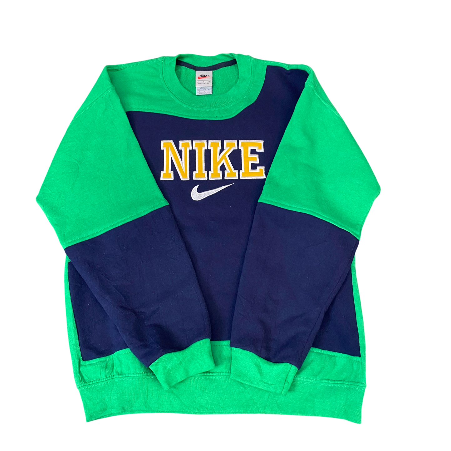 Nike Reworked Sweatshirt Mens Small Green Blue Embroidered Spell Out Logo Y2K