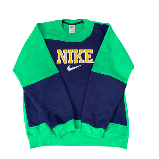 Nike Reworked Sweatshirt Mens Small Green Blue Embroidered Spell Out Logo Y2K