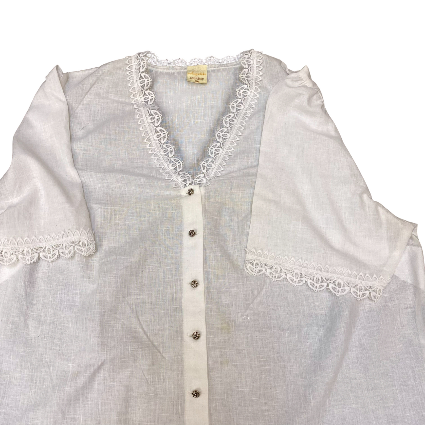 Angelika Moden Blouse Top Womens L White Lace Trim Short Sleeve Button Front