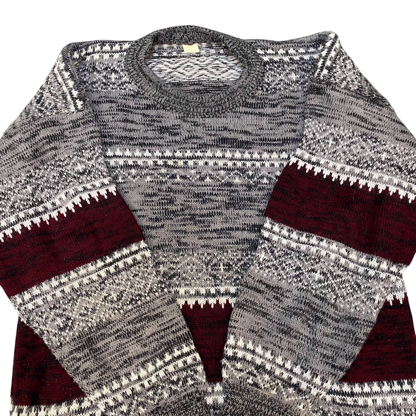 Jumper Womens Large Grey Red Aztec Print Knitted Long Sleeve Crew Neck Pullover