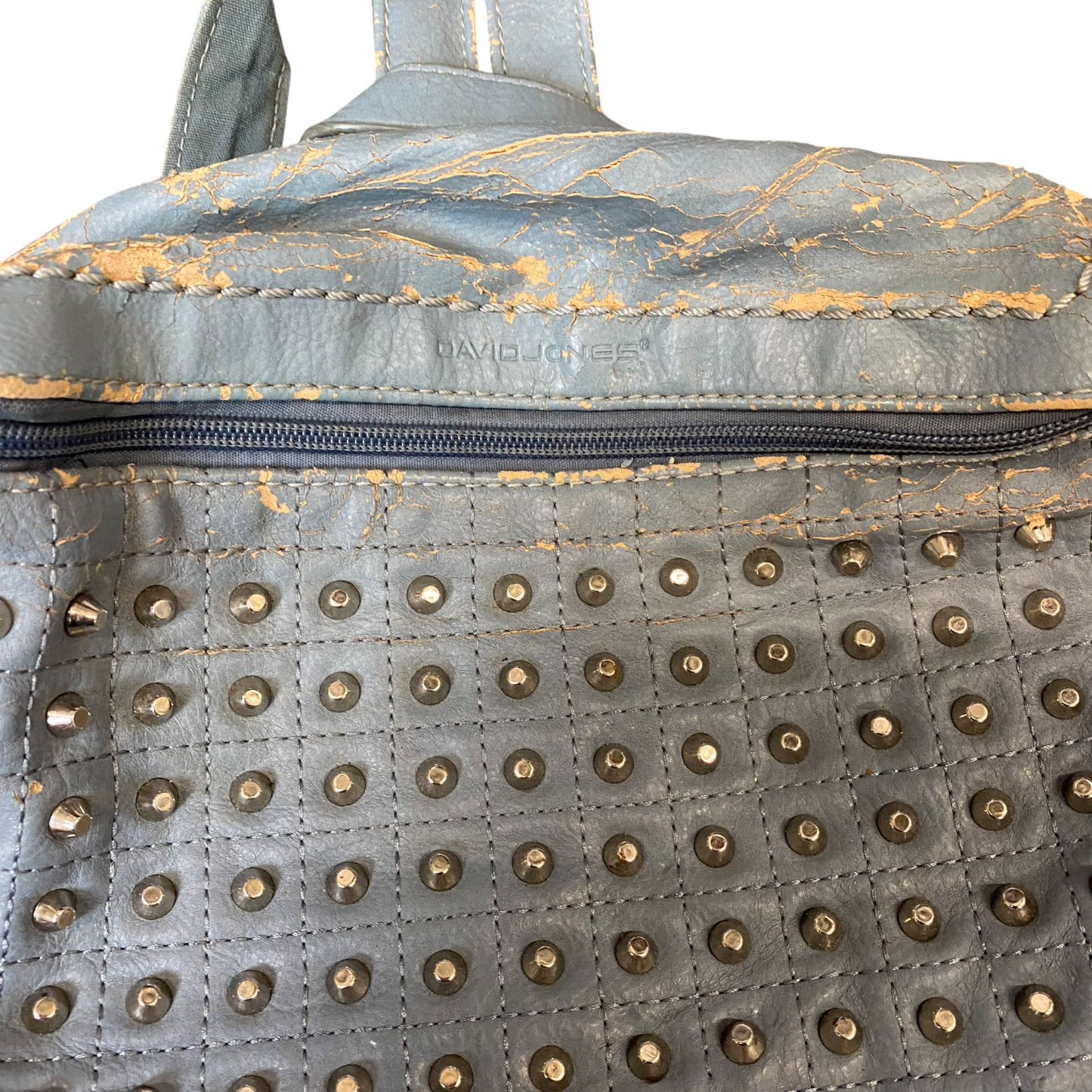 David Jones Backpack Womens Blue Leather Studded Zip Closure Adjustable Strap