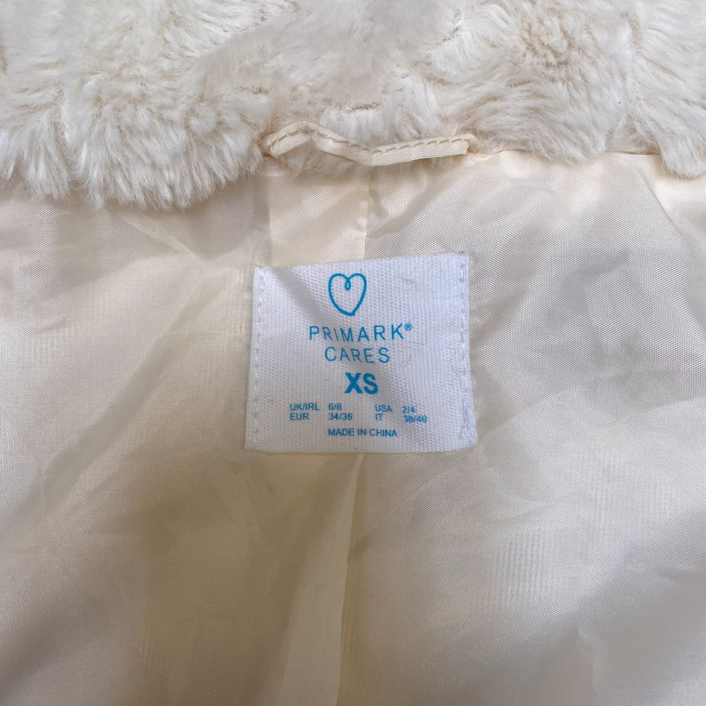Primark Cares Faux Fur Hooded Jacket Womens XS White Lined Long Sleeve Full Zip