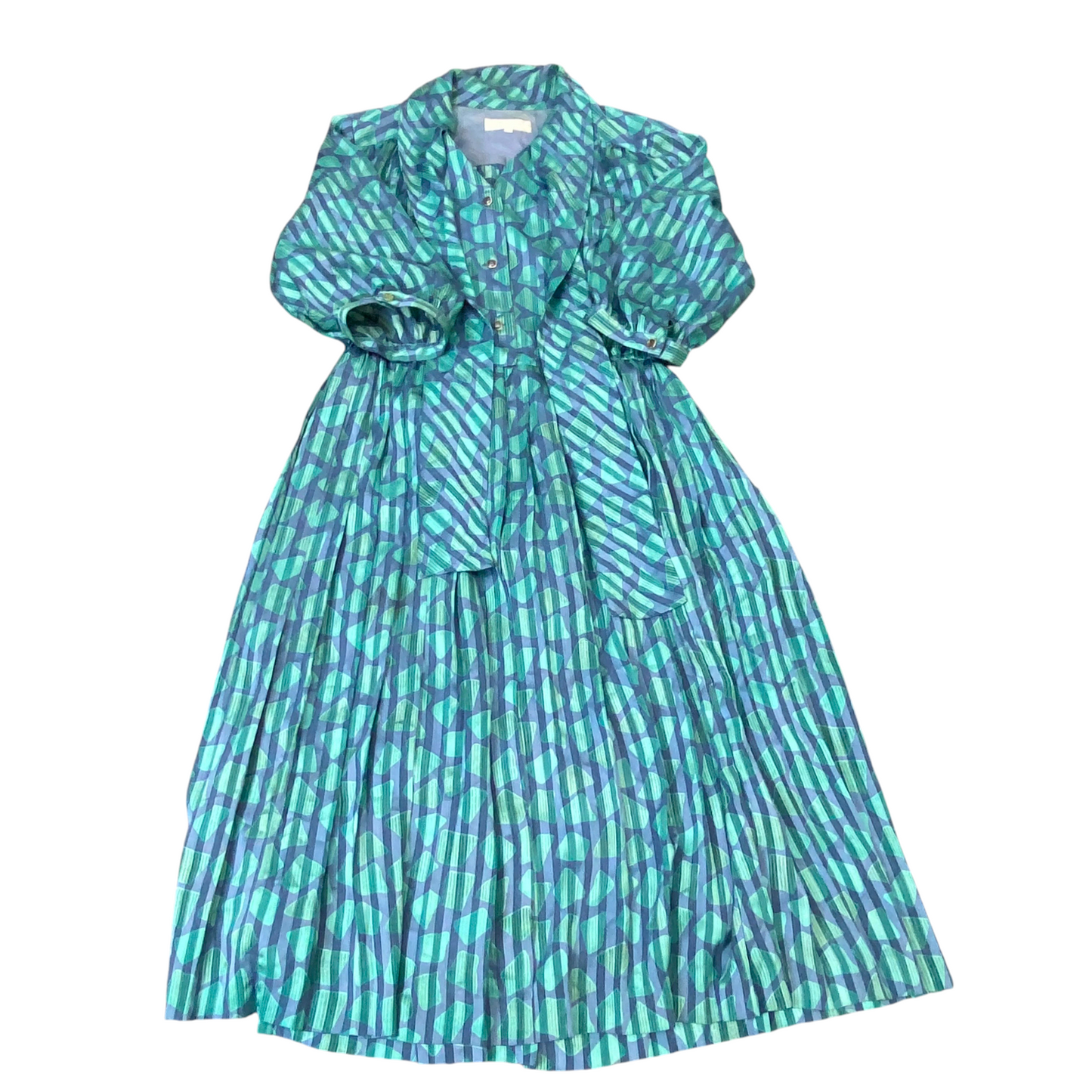 Caro Lanian A Line Dress Womens L Green Blue Geometric Pleated Button Front