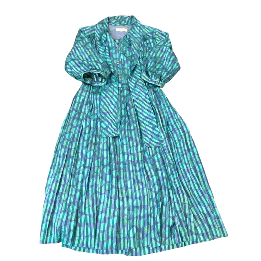 Caro Lanian A Line Dress Womens L Green Blue Geometric Pleated Button Front