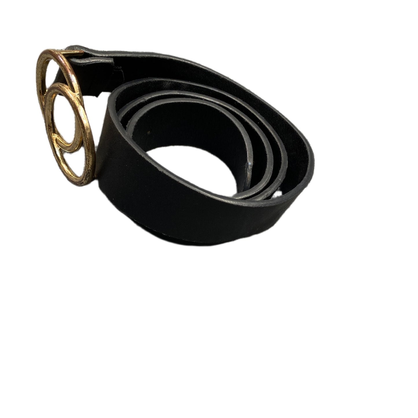 Waist Belt Womens Black Leather Gold Tone Double Circle Buckle 36.5 Inches