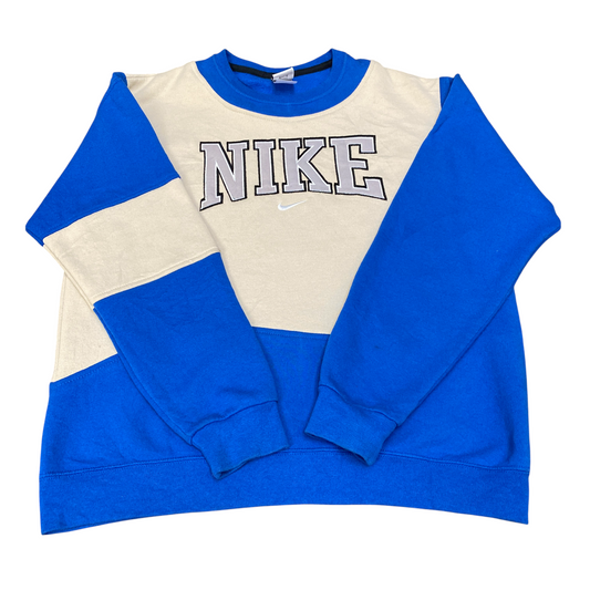 Nike Reworked Sweatshirt Mens L Blue Beige Embroidered Spellout Logo Vintage Y2K